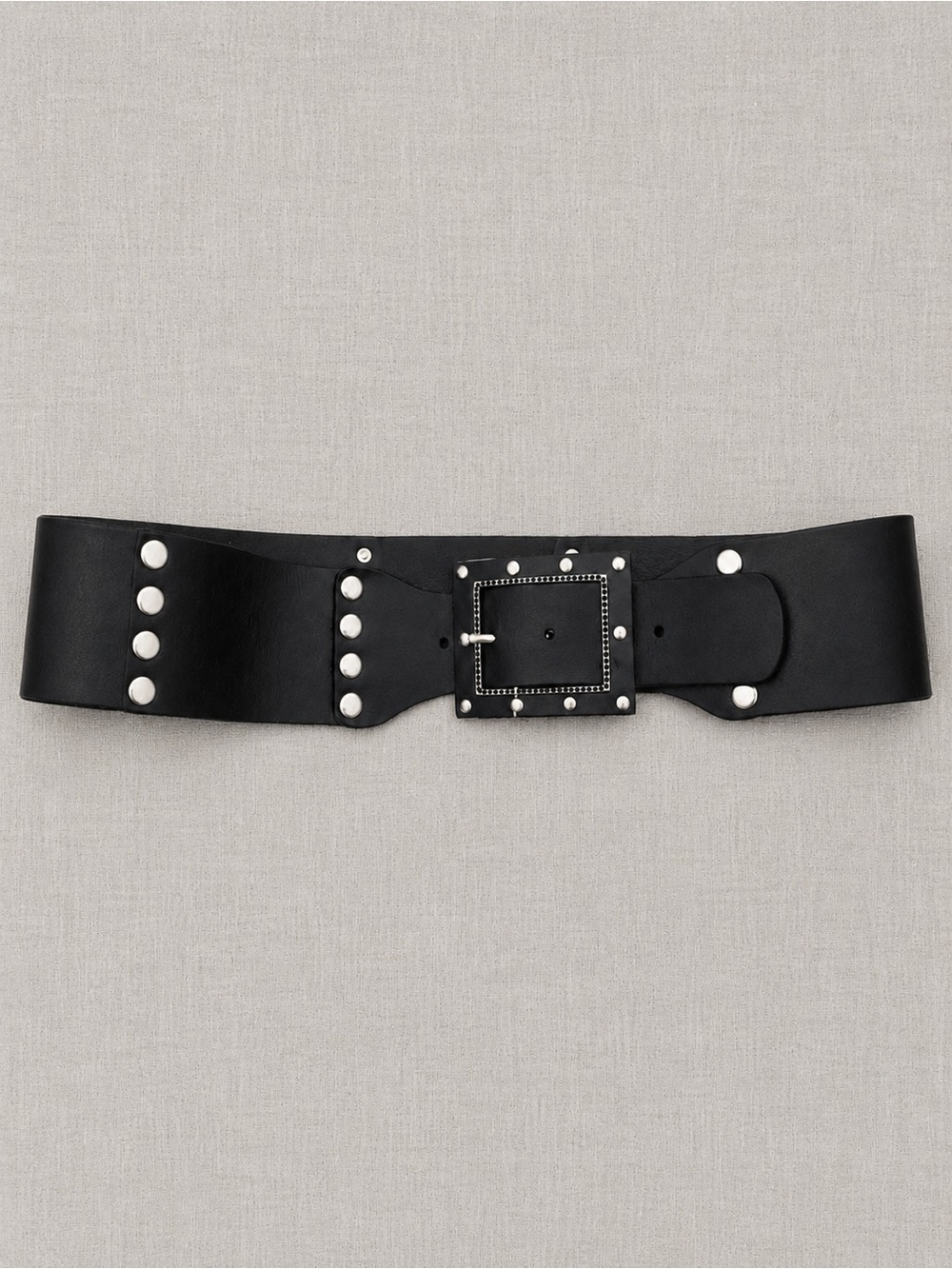 MANGO Genuine Leather Wide Studded Waist Belt Black Silver Buckle Size XL
